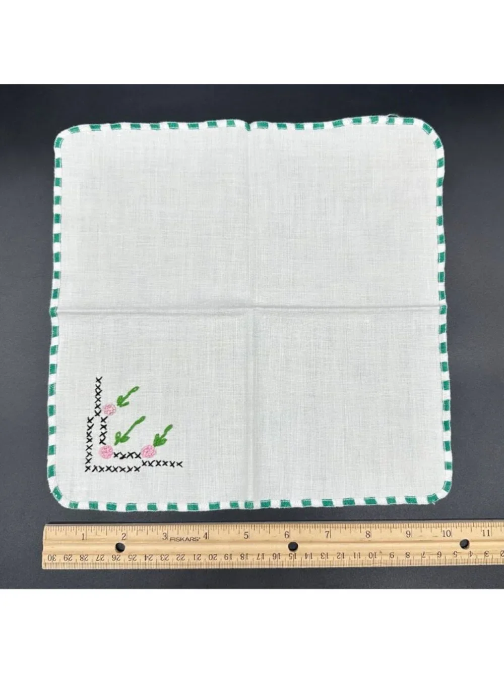 Vintage Tablecloth Napkins Set Handmade Embroidery Pink Flowers Art Deco Style